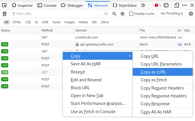 Copy request feature in Firefox