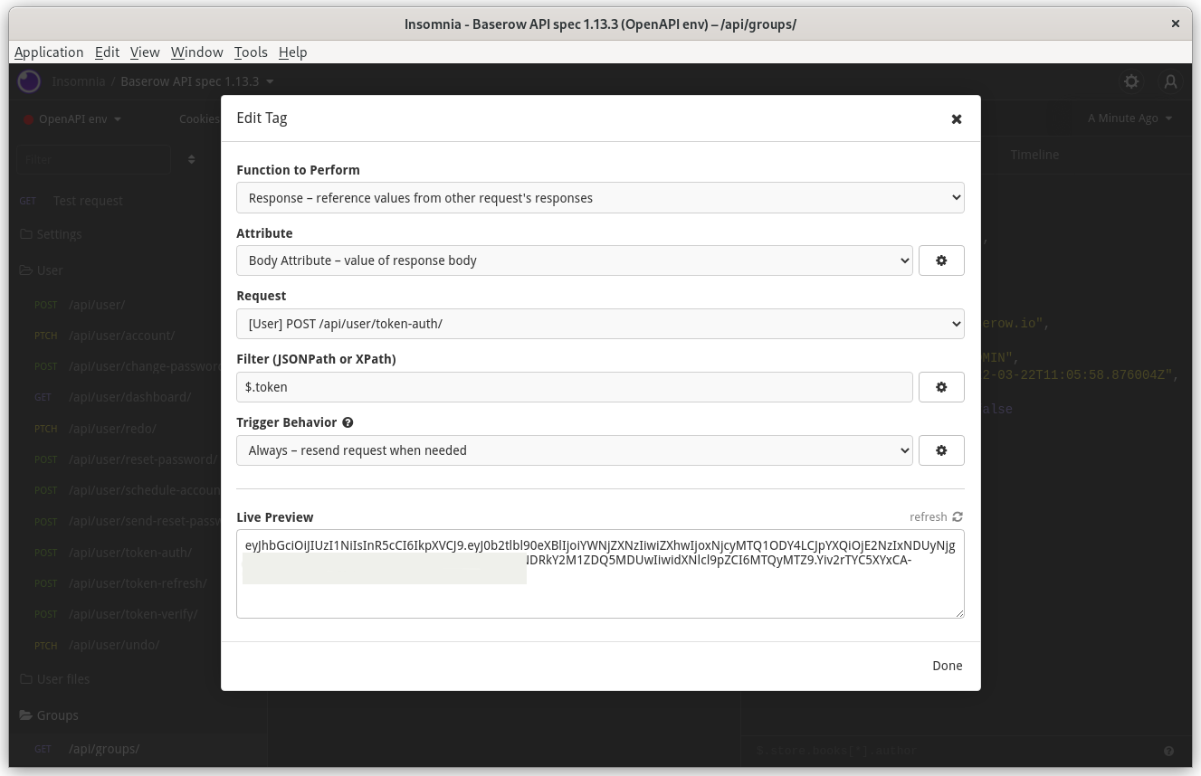 Insomnia request chaining config