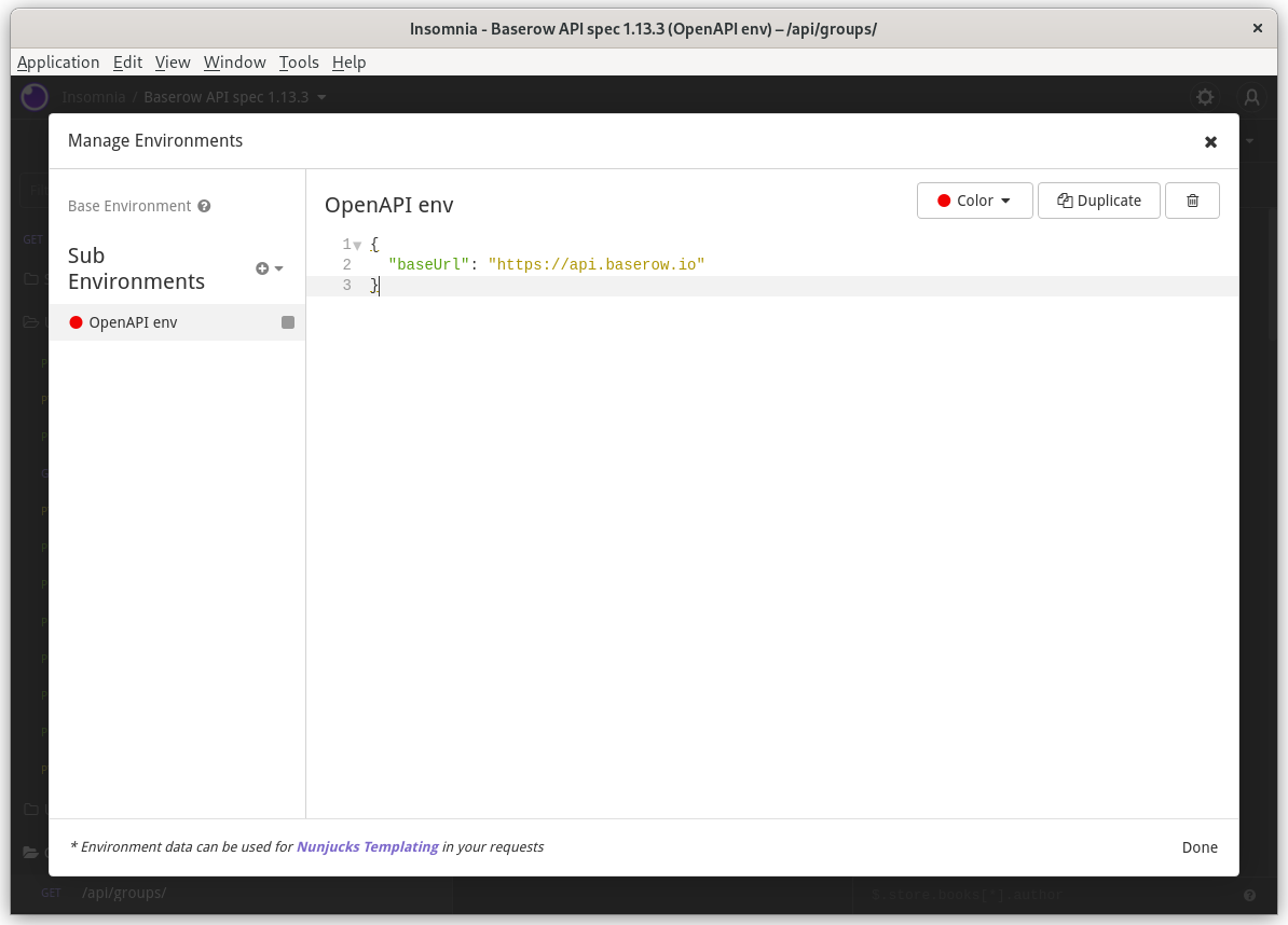 Configuring environments in Insomnia